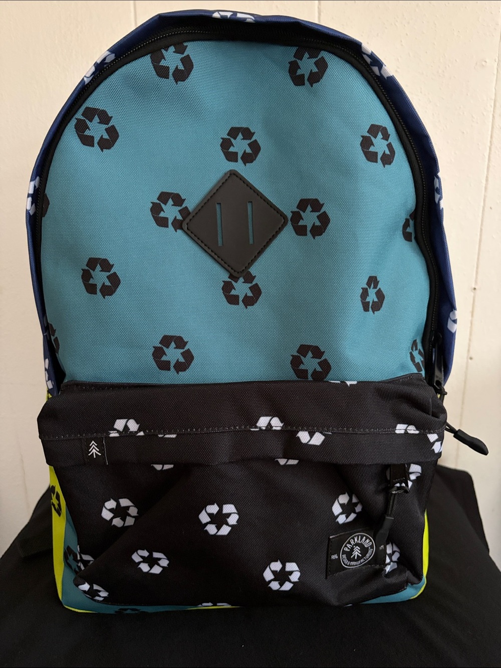 Parkland Recycle Print Backpack - Teal, Black, Neon Green, White